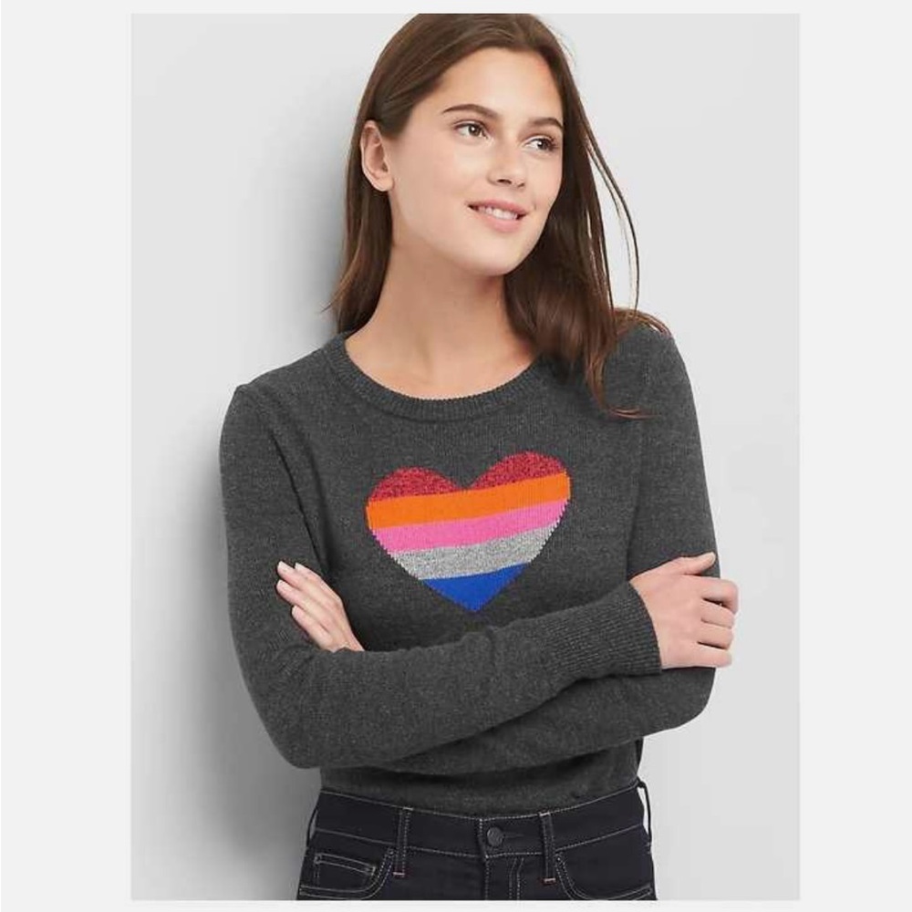 Gap Crazy Stripe Heart Sweater Medium Grey EUC